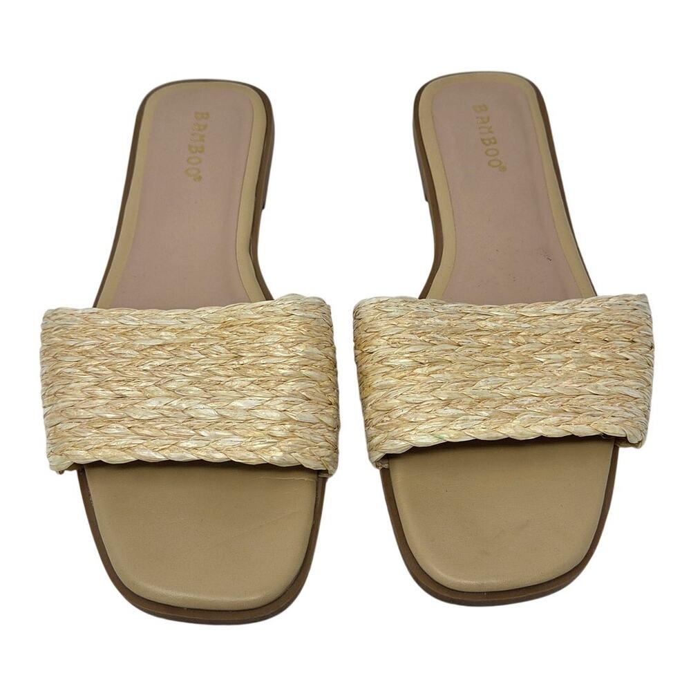 Bamboo Light Beige Texture Woven Sunhat Casual Slides Flat Summer Sandals Size 8